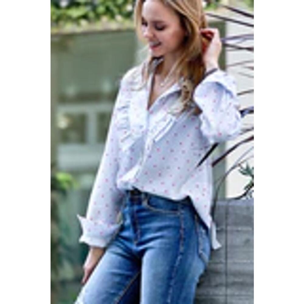 Long Sleeve Cotton Button Up Blouse White Gray Pinstripe Heart Ruffle Small - Picture 4 of 10